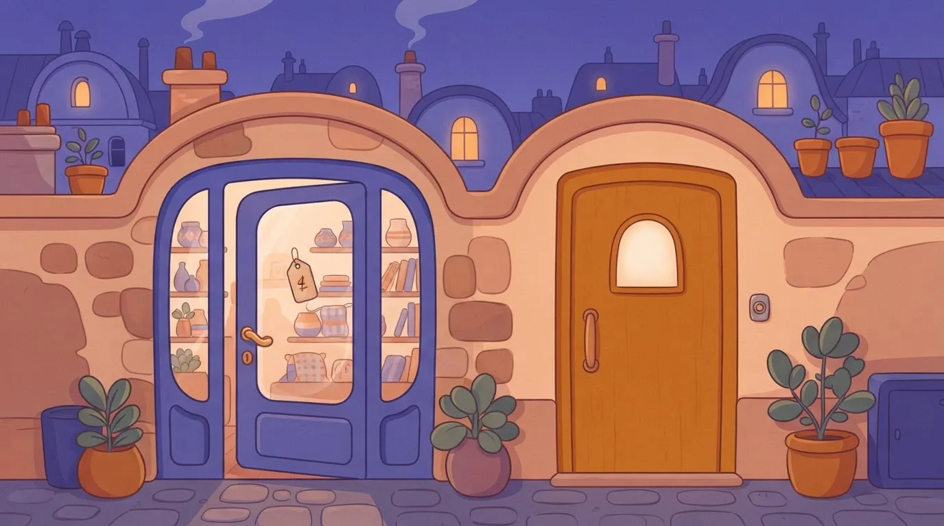 A shop with a visible price in the window beside a solid buzzer-only door