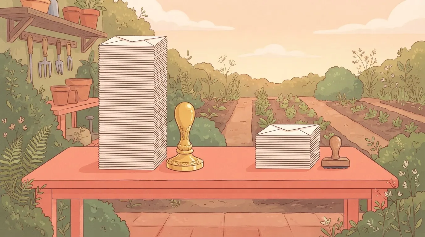 Two equal envelope stacks, one on a tall pedestal, one low