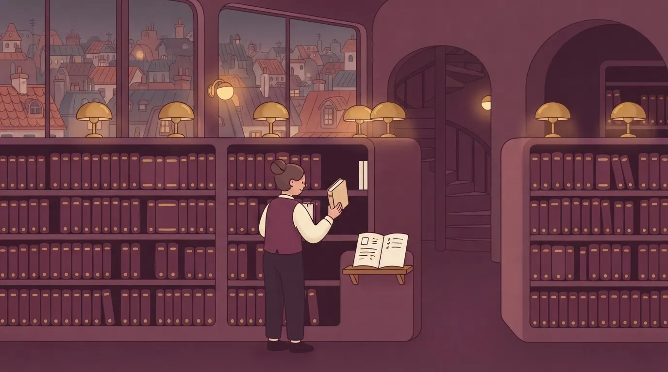 A large library where every book on the shelves is identical in color and binding, except for one shelf where a single…