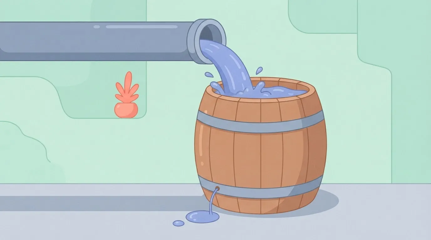 A large wooden barrel with water pouring in from a wide pipe at the top, while a tiny, slow trickle escapes through a…