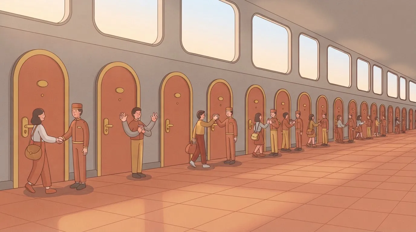A long hallway with dozens of doors, and in front of every single door, a person must stop to perform a complex, formal…