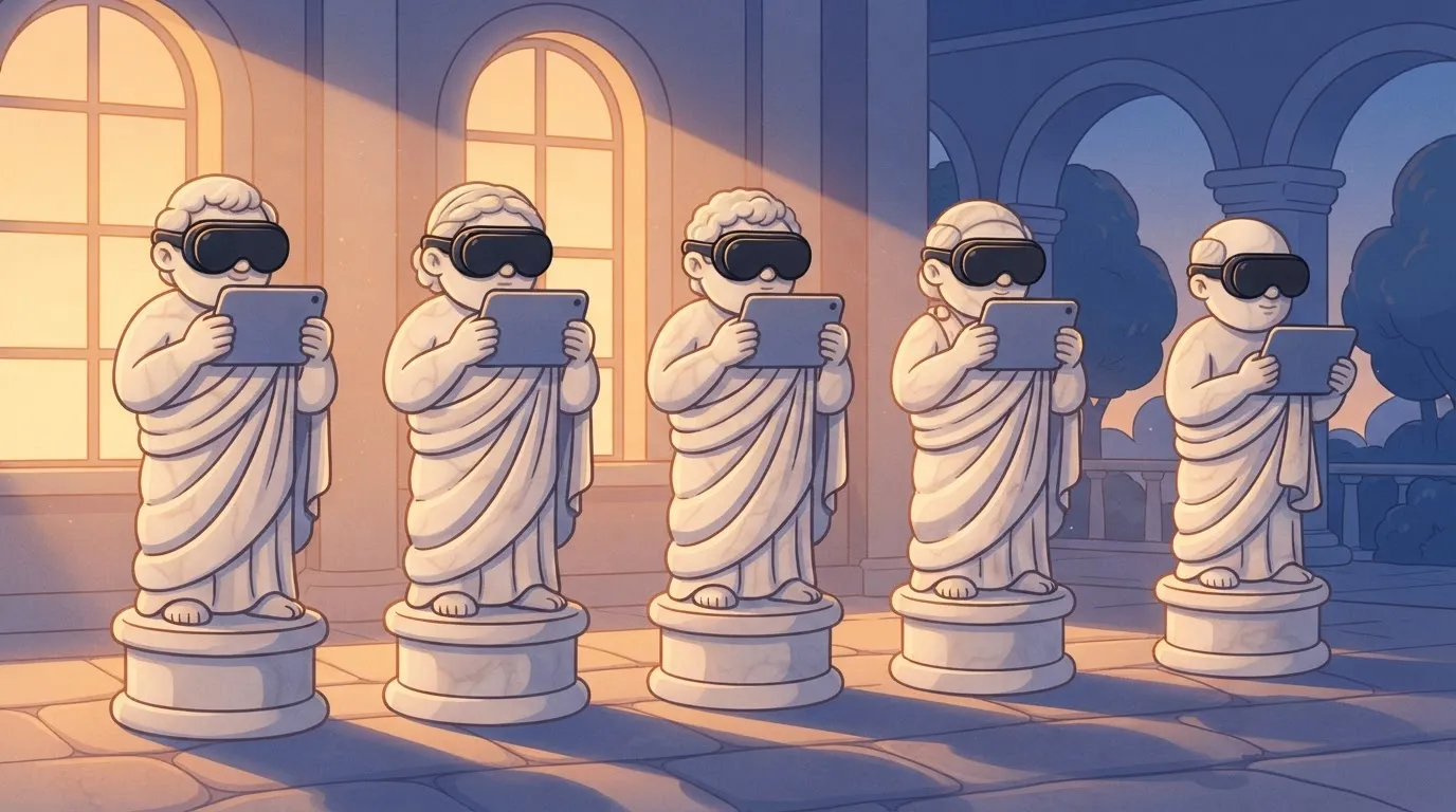 A row of marble statues representing scholars, all wearing heavy, opaque goggles that prevent them from seeing a modern…