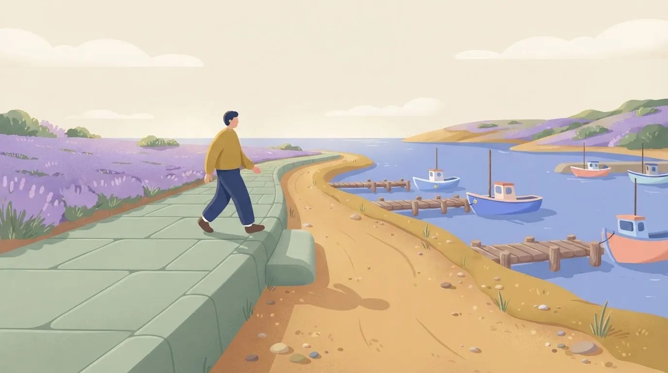 A person walking on a sidewalk that suddenly ends, forced to step onto a completely different, unpaved path that runs…
