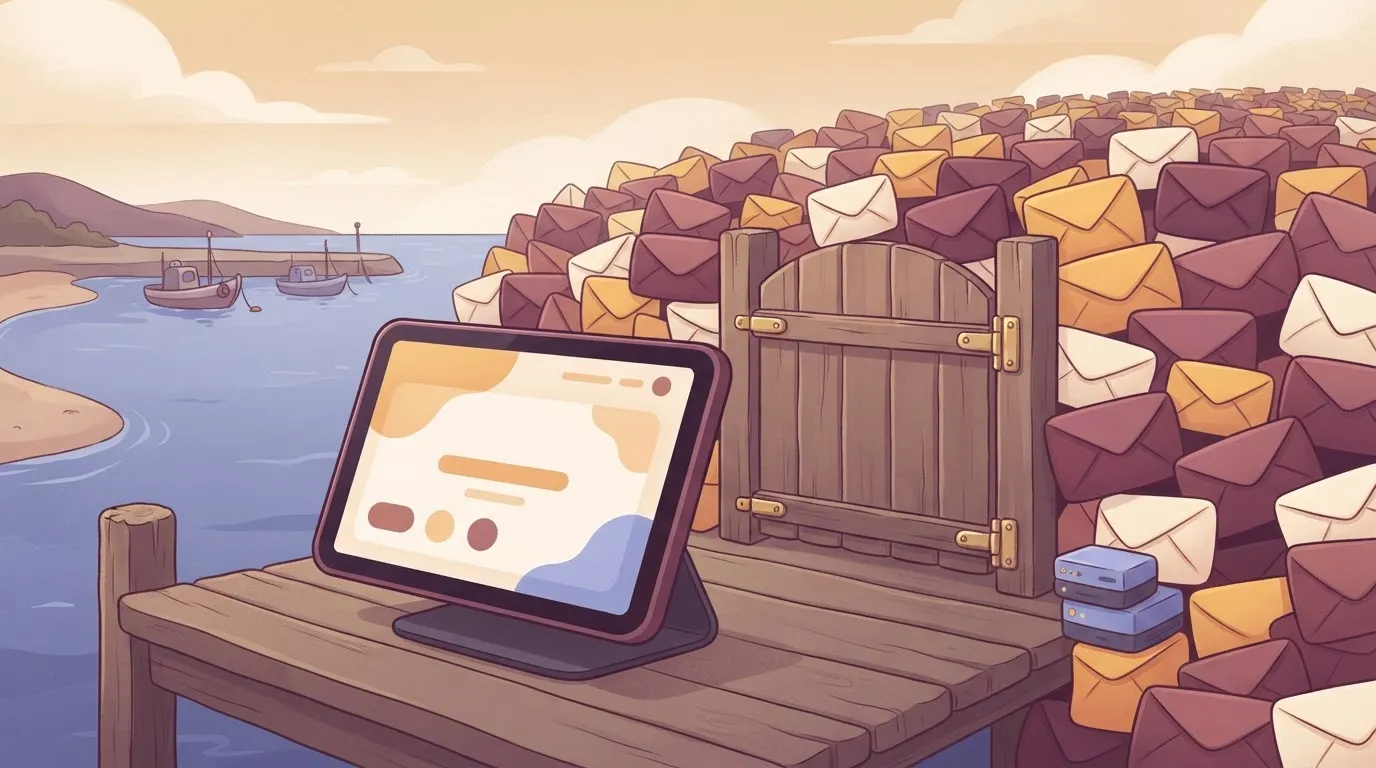 A patient portal screen on a tablet looking calm and empty, while behind it, a massive, dense crowd of identical envelopes…