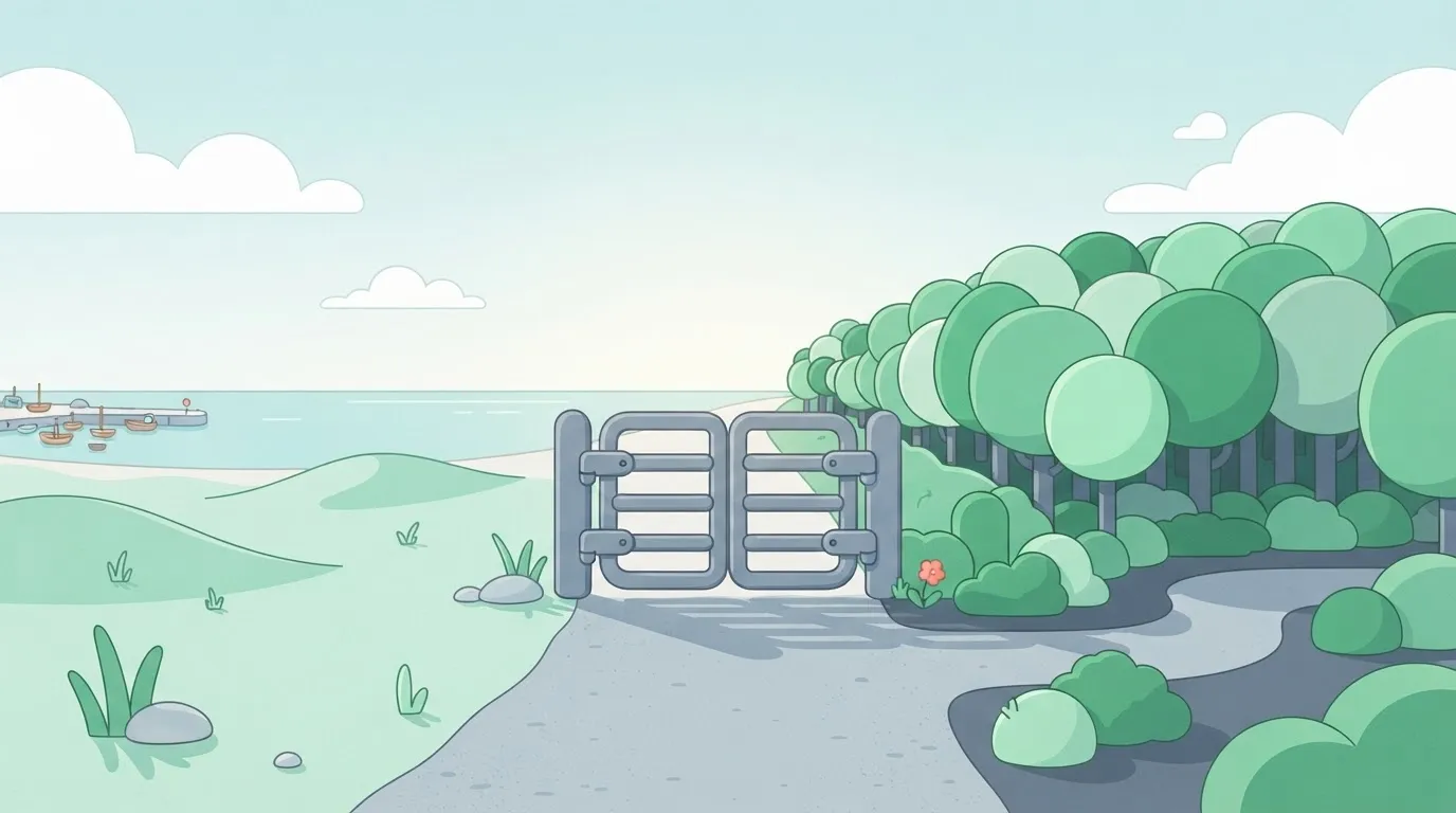 A single, heavy metal gate standing in the middle of a vast, flat plain.