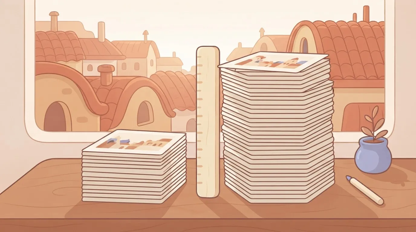 Short stack of 1K prints beside a stack more than twice as tall of 4K prints
