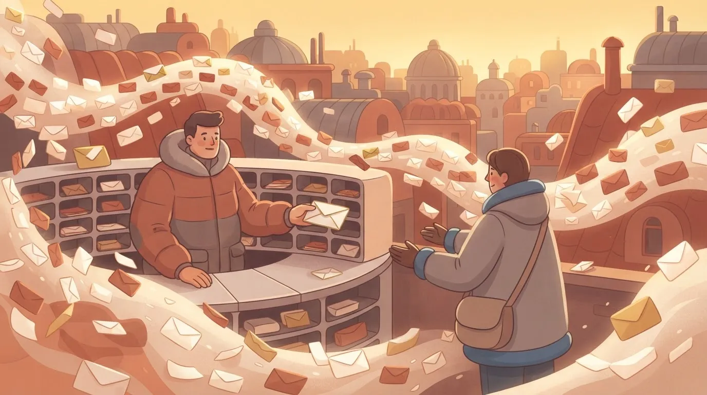 Paragraph 49: A busy mailroom clerk wearing a winter parka, standing at a sorting desk surrounded by thousands of tiny…