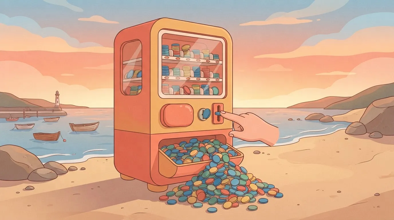 A vending machine for small round tokens with a big heap spilled in its tray, a hand still pressing the button, and one…