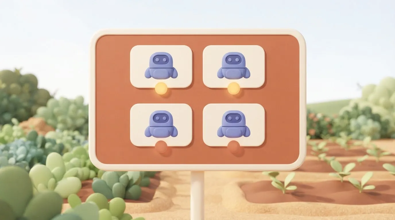 A unified dashboard displayed on a screen, showing a grid of four identical small agent icons, each with a circular status…