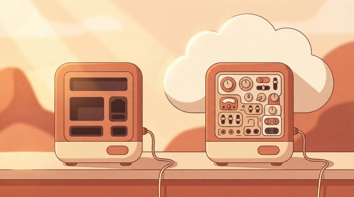 Two identical machines side by side: the left has a bare front panel with empty slots; the right, inside a cloud-shaped…