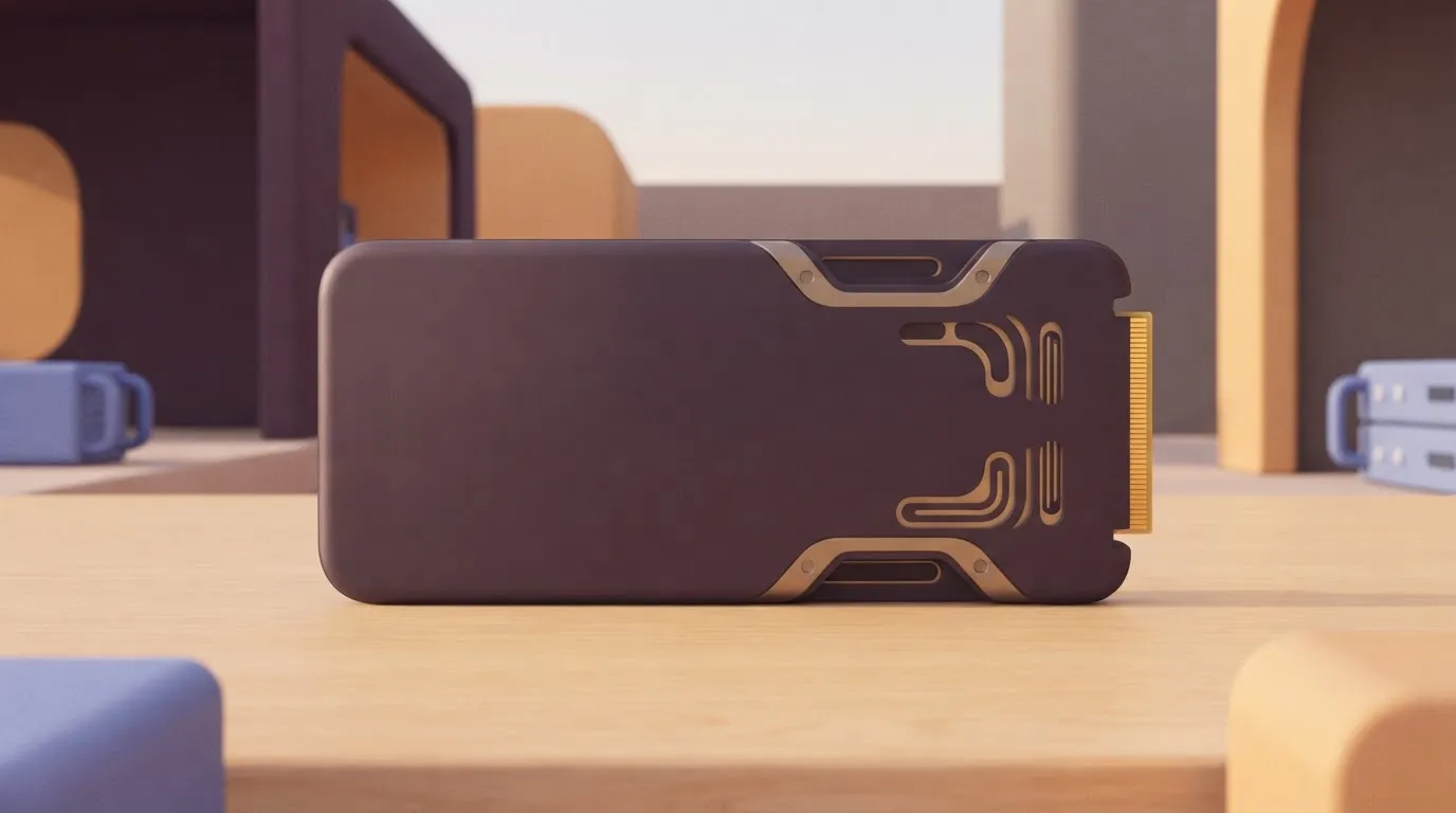 A rectangular NVIDIA A100 card with a visible gold-plated connector strip and a sleek, dark metal casing, resting on a flat…