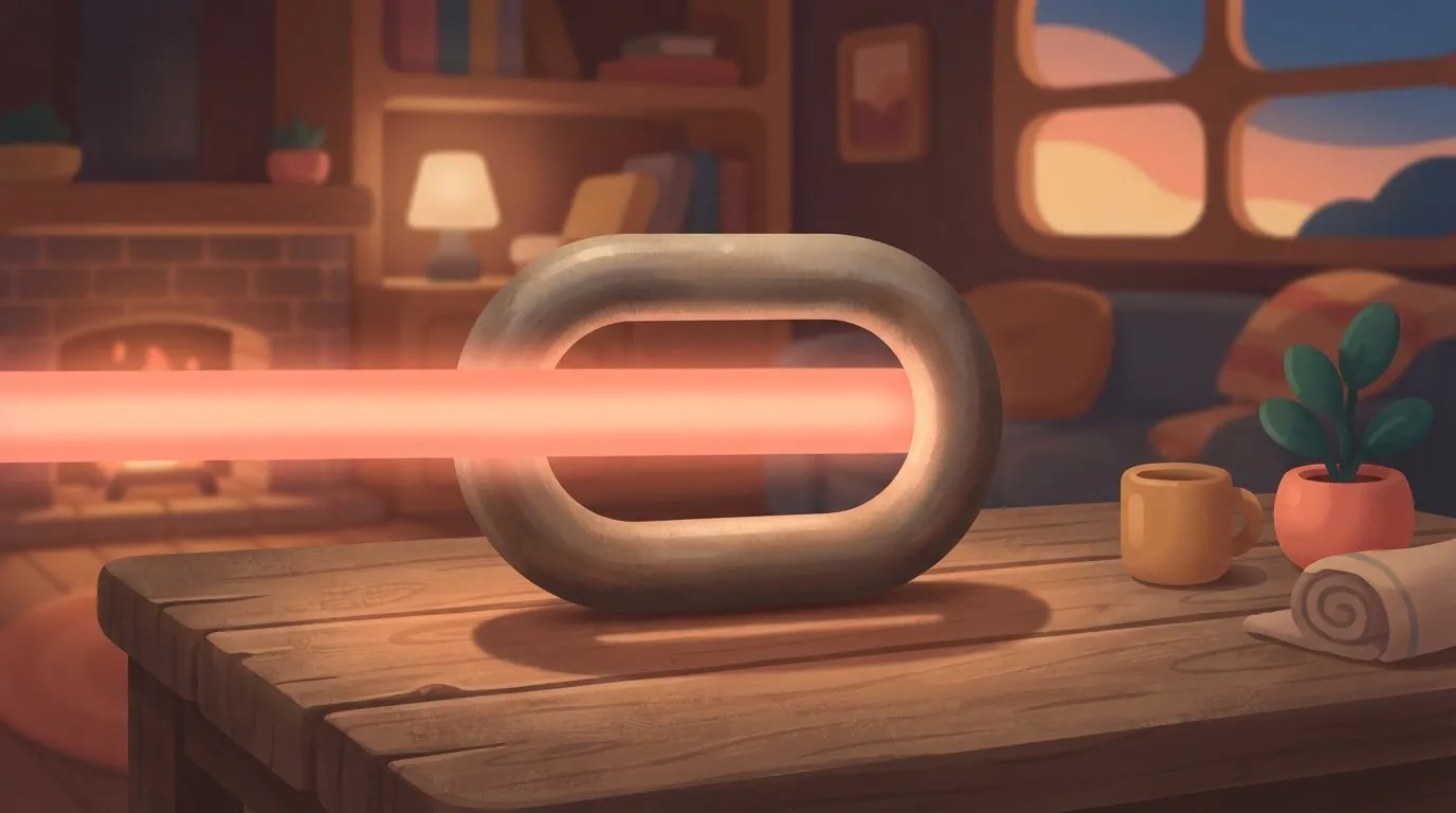 A single, heavy metal chain link lying on a table, with a long, glowing beam of light passing through the center of the…