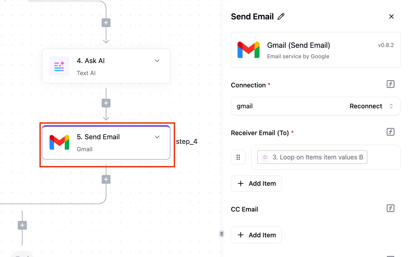 A workflow builder showing an AI-powered email sending step with Gmail configuration panel open.