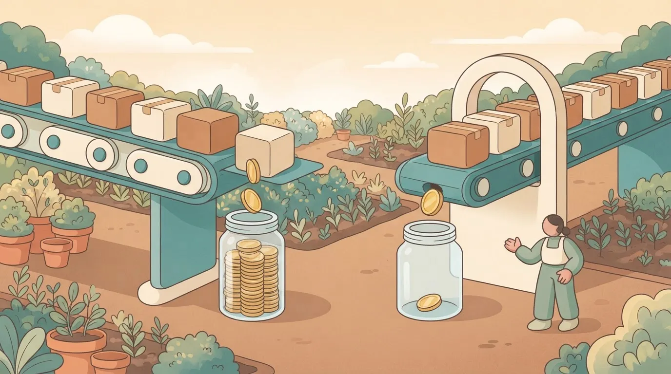 Two conveyor belts: on one, every box drops its own coin into a jar that fills high; on the other, a long line of boxes…