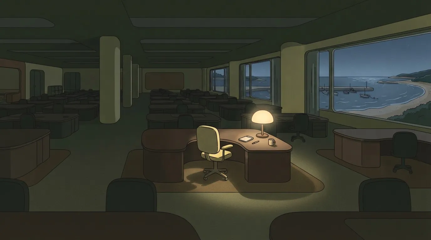 A single lit desk lamp in the middle of a vast, dark, empty office floor full of unoccupied desks.