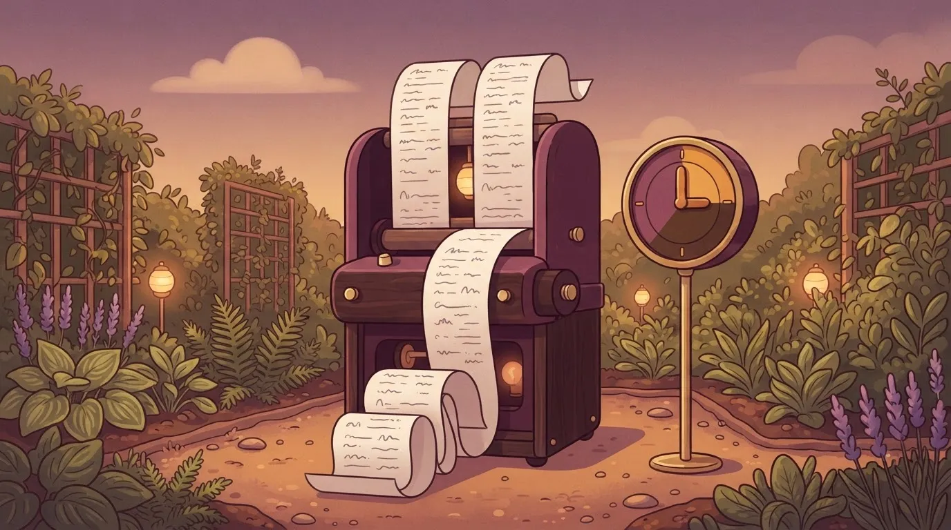 A long system prompt printed on a tall paper scroll fed into a machine twice, two identical scrolls side by side, with a…