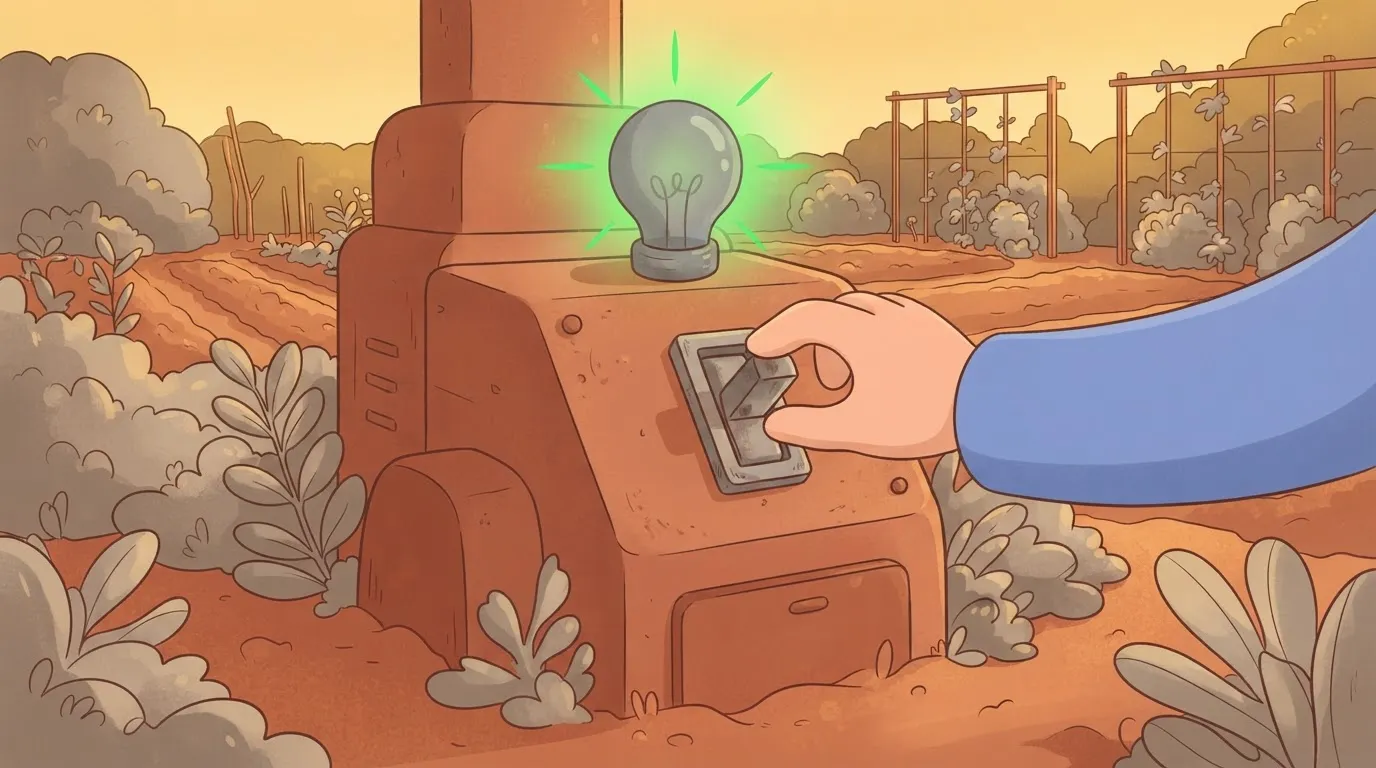 A single, weathered grey toggle switch on a machine being flipped, causing a dull grey bulb above it to suddenly emit a…