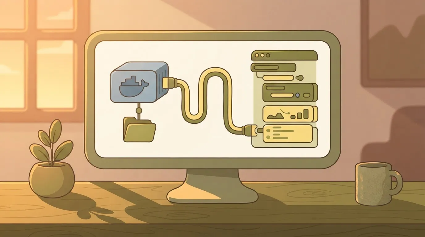 A computer screen showing a local Docker container icon with a folder representing a local directory, receiving data traces…