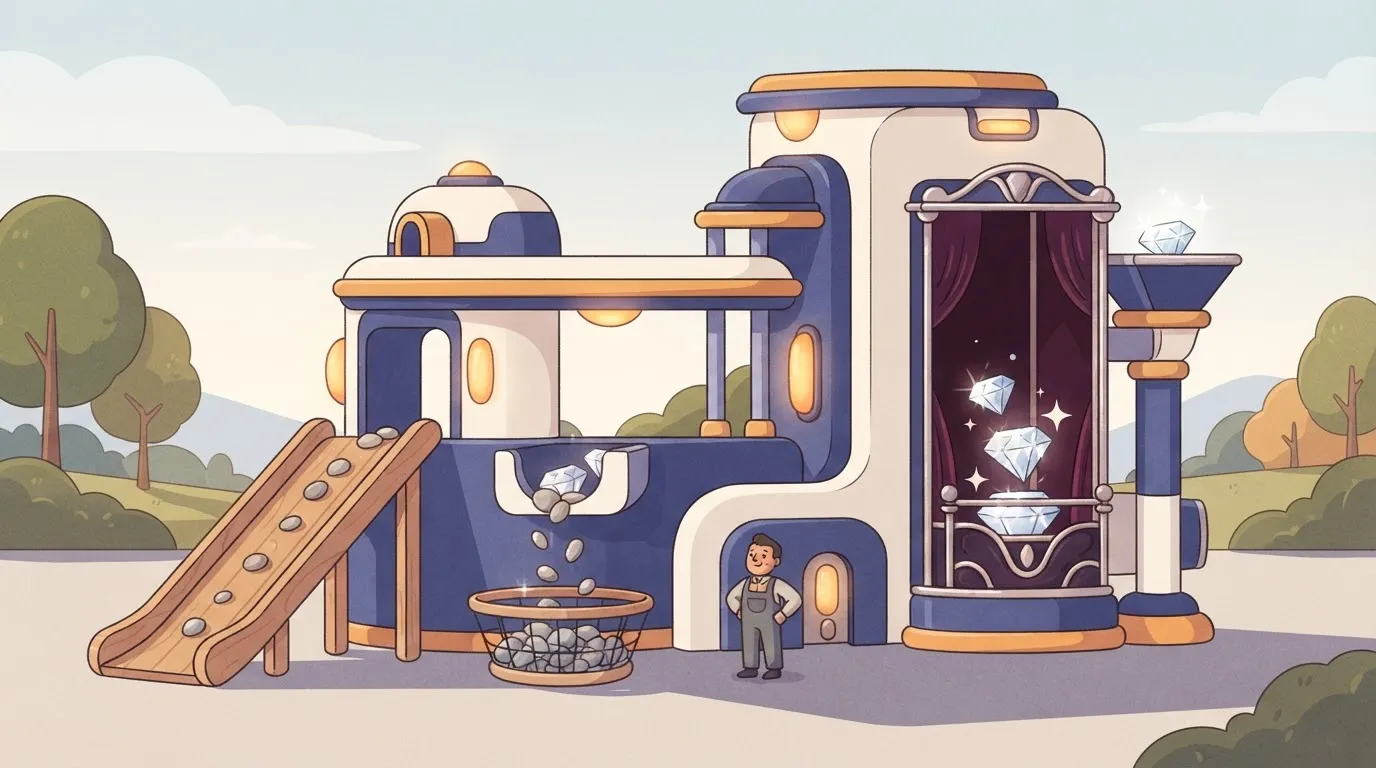 A large sorting machine with two chutes: a small, simple wooden slide for pebbles and an ornate, velvet-lined elevator for…