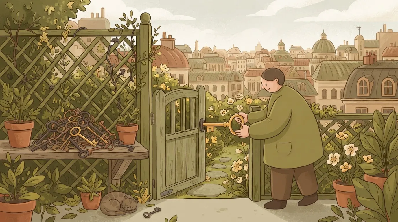 A large, ornate golden key being used to open a simple, small wooden garden gate, while a pile of plain iron keys sits…