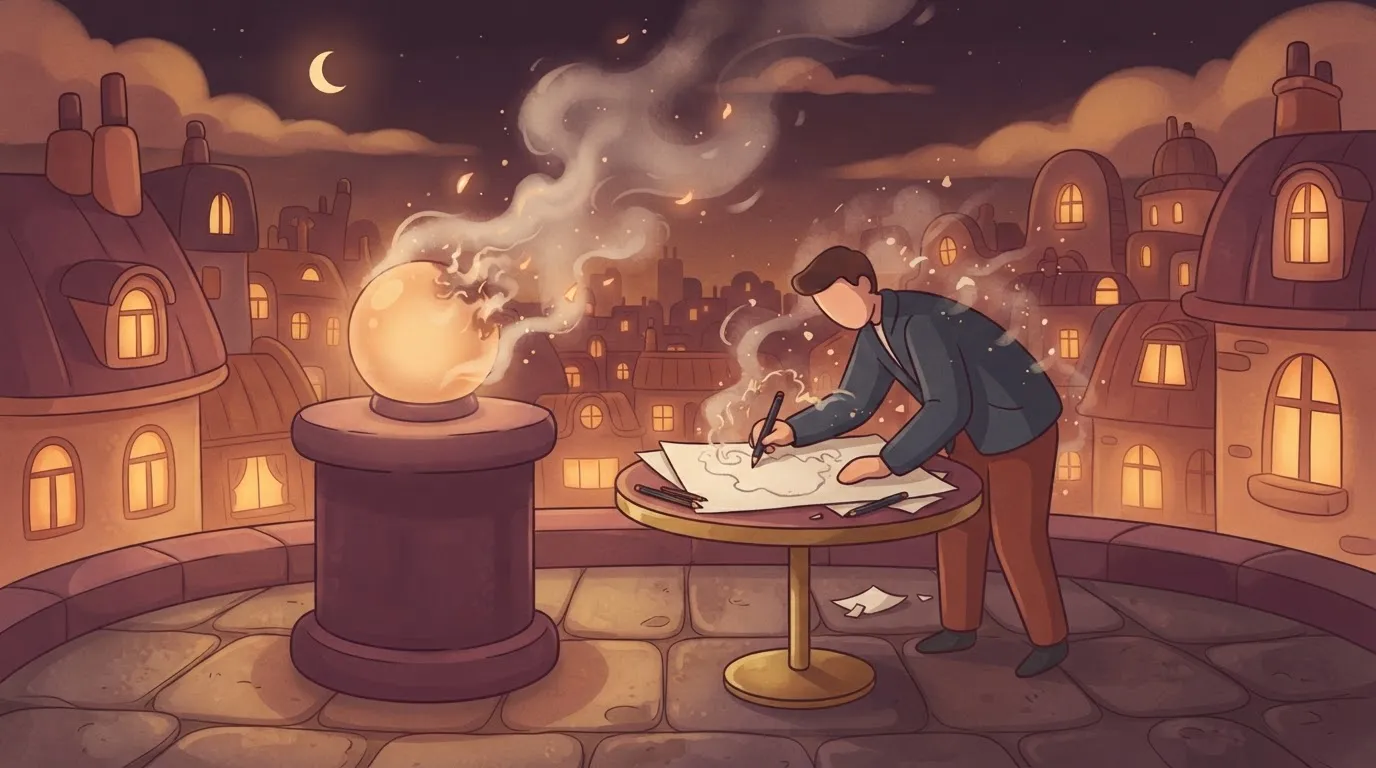 A pedestal holding a glowing orb that is slowly dissolving into a cloud of smoke, while a person frantically tries to trace…