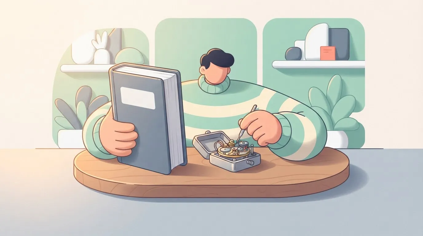A person holding a thick, heavy guidebook with one hand while trying to perform a delicate operation on a tiny, intricate…