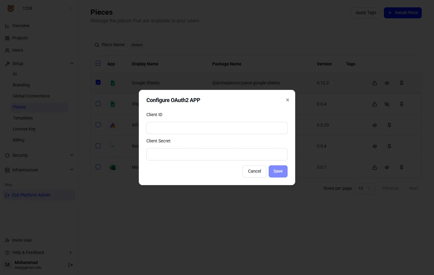 A modal dialog for configuring OAuth2 app credentials with Client ID and Client Secret fields.