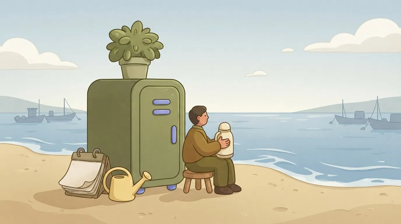 A lone server tower with a potted plant on top and a watering can beside it, a worn desk calendar next to it, and one…