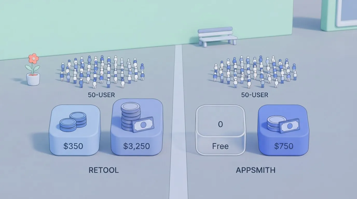 A table showing a comparison between Retool and Appsmith, with one row listing a 50-user cost of $350 and $3,250 for…