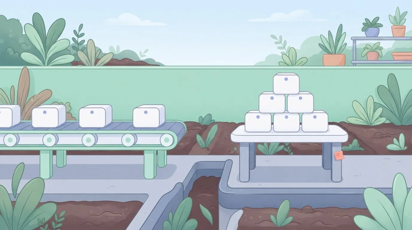 A conveyor belt carrying boxes stops at a gap in the floor; instead of falling, the boxes pile up neatly on a sturdy shelf…