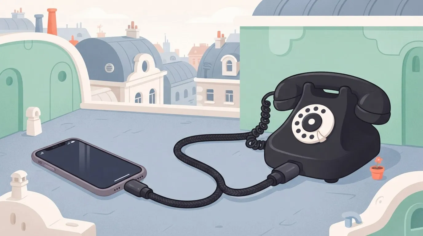 A modern sleek smartphone and an old-fashioned rotary telephone connected by a single, perfectly fitted heavy-duty…