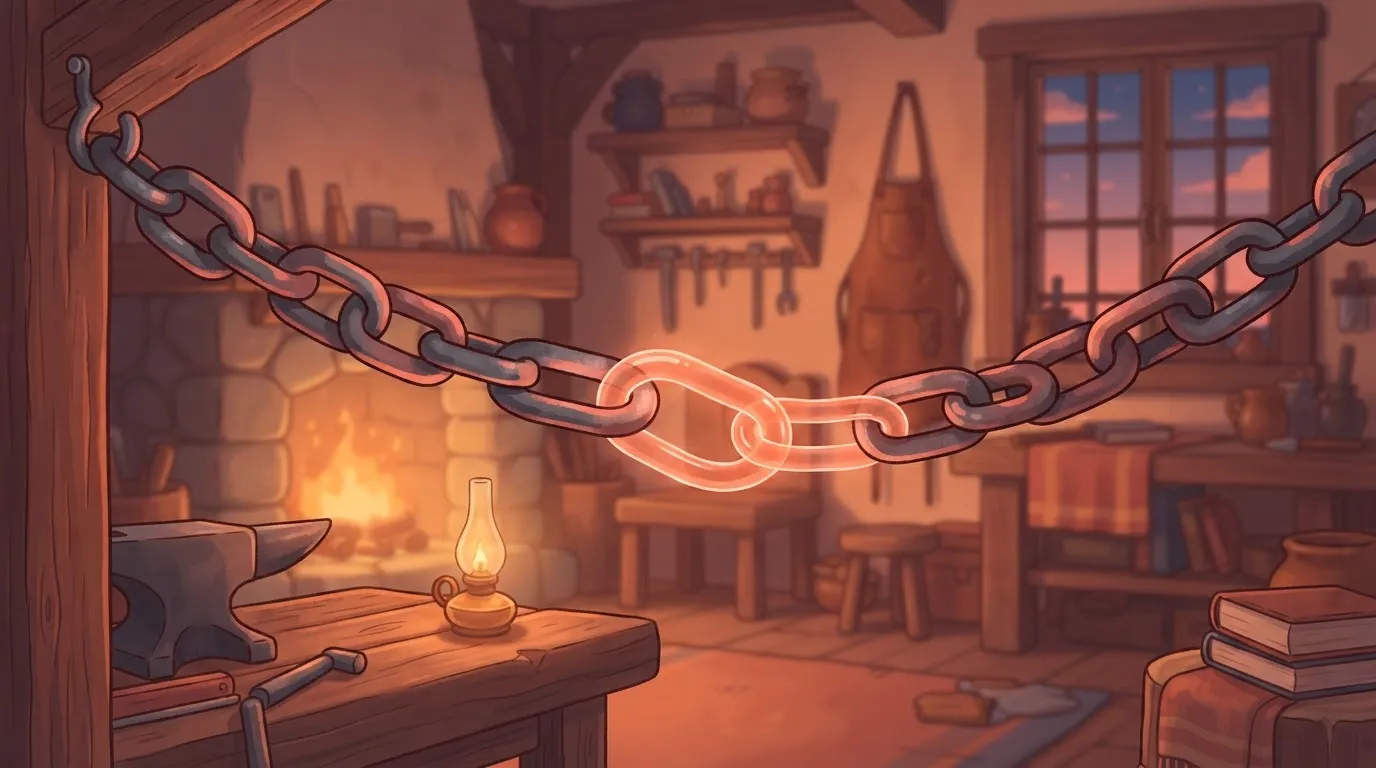 A heavy metal chain where one link has been replaced by a thin, glowing glass thread.