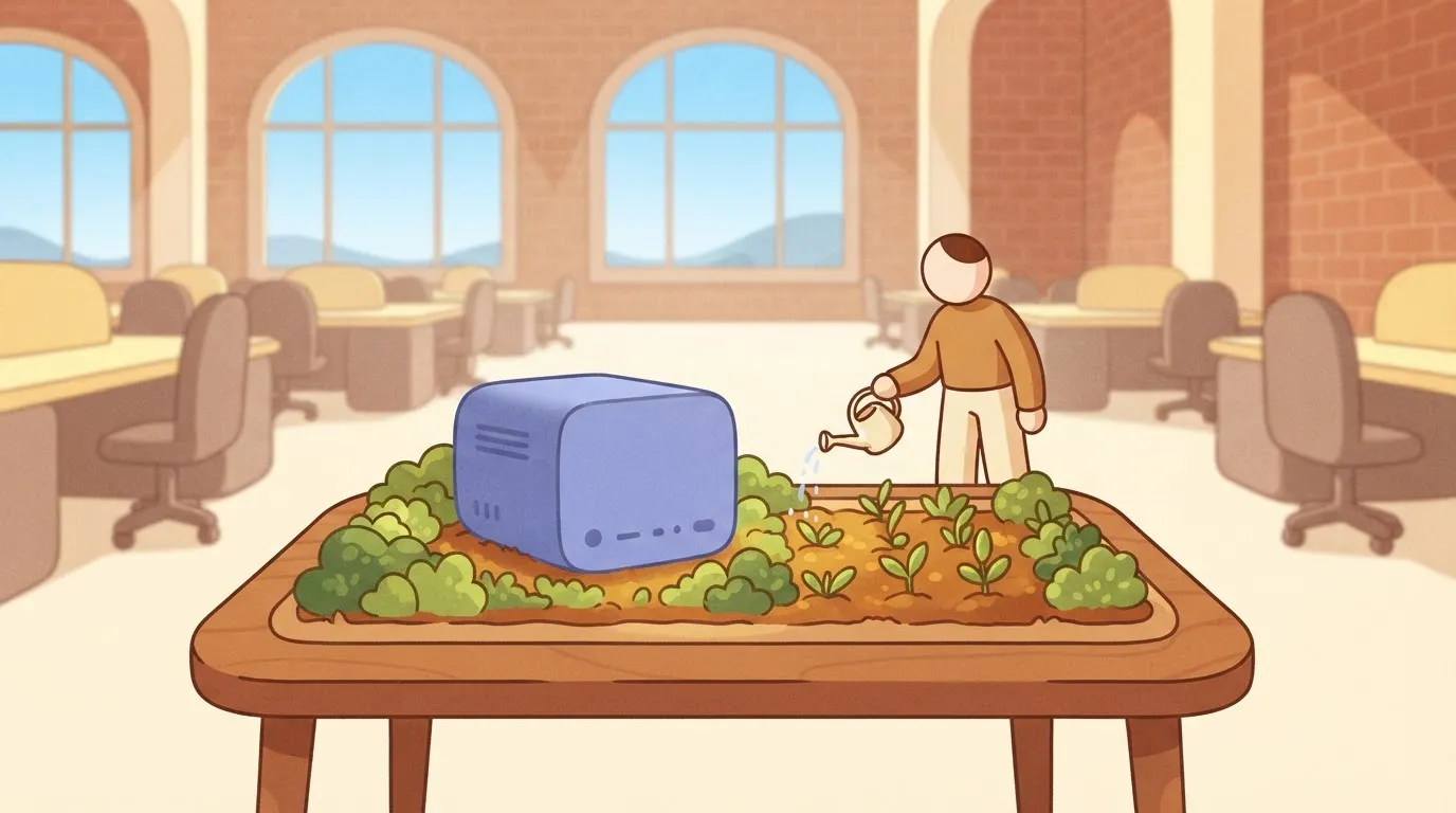 One person tending a small server box