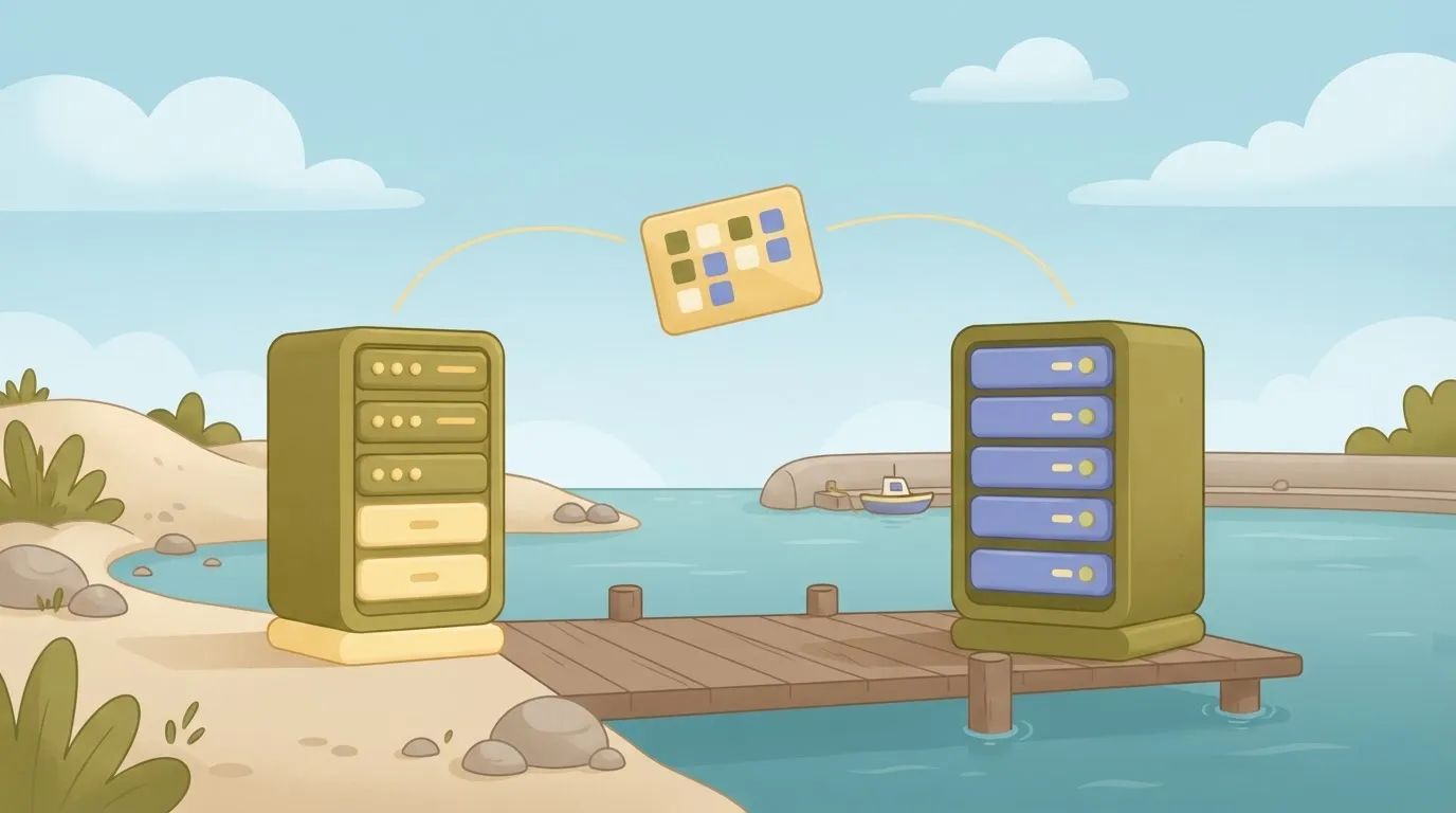 A small envelope-sized card containing structured JSON payloads floats between two server racks, representing the API…