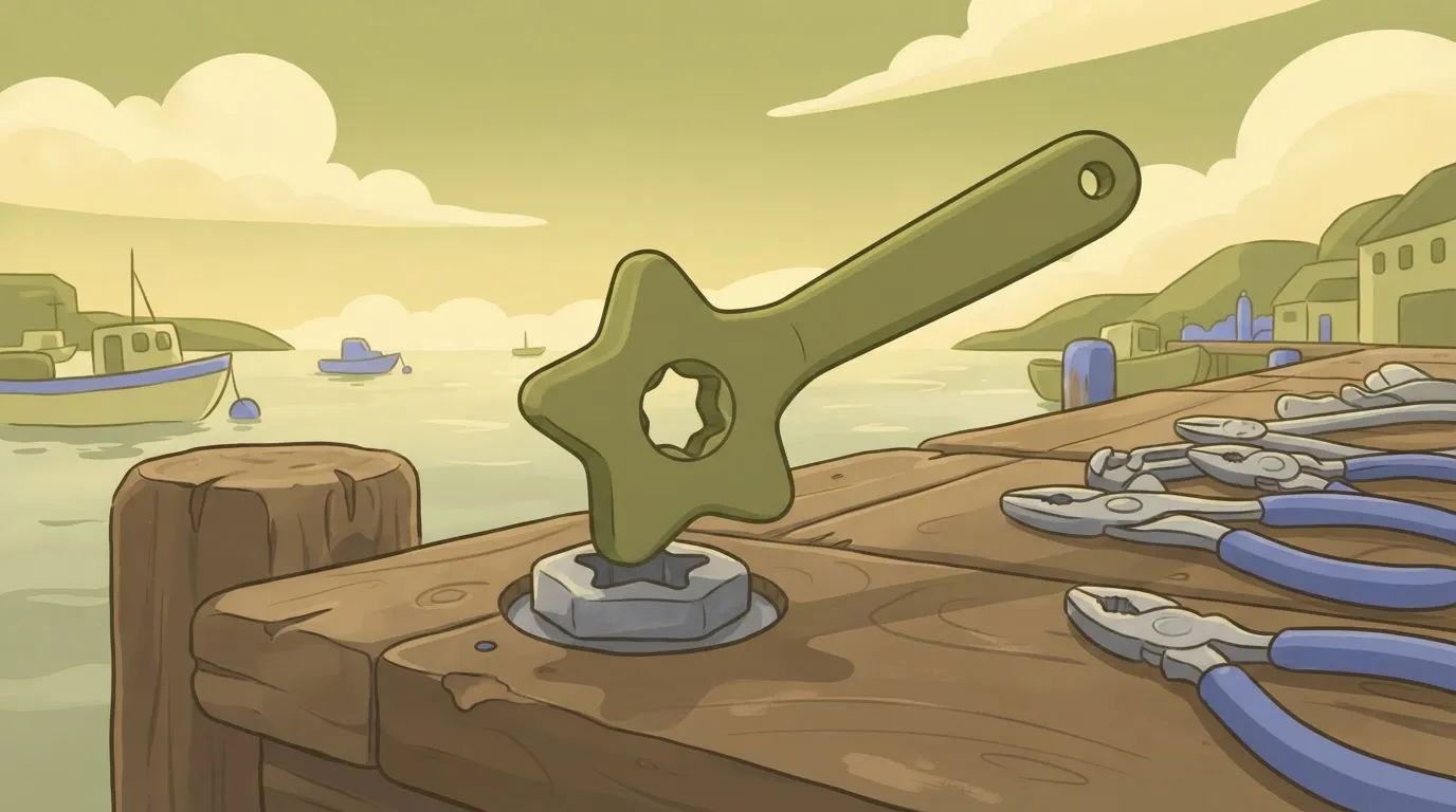 A specialized wrench shaped exactly like a star, fits perfectly into a star-shaped bolt on the first try, while a pile of…