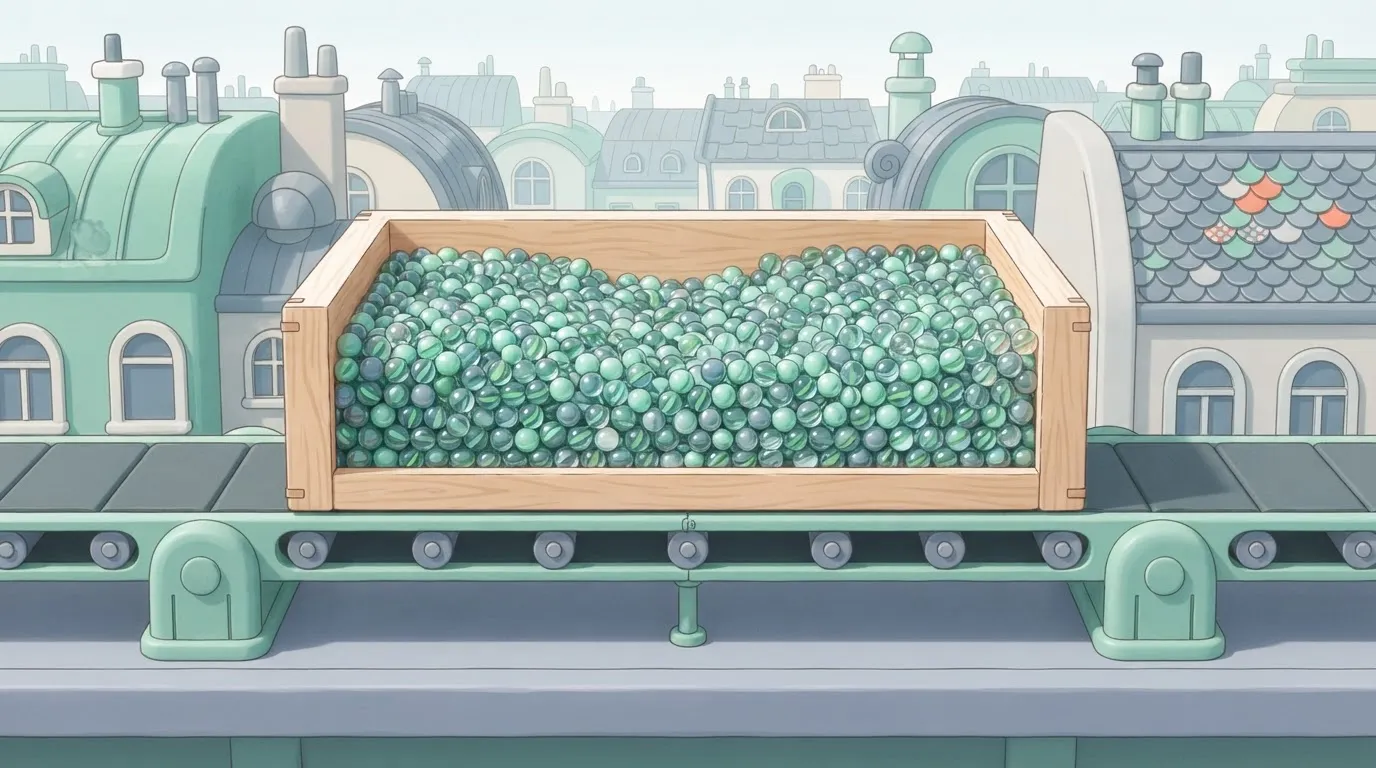 A conveyor belt carrying a single, massive wooden crate.
