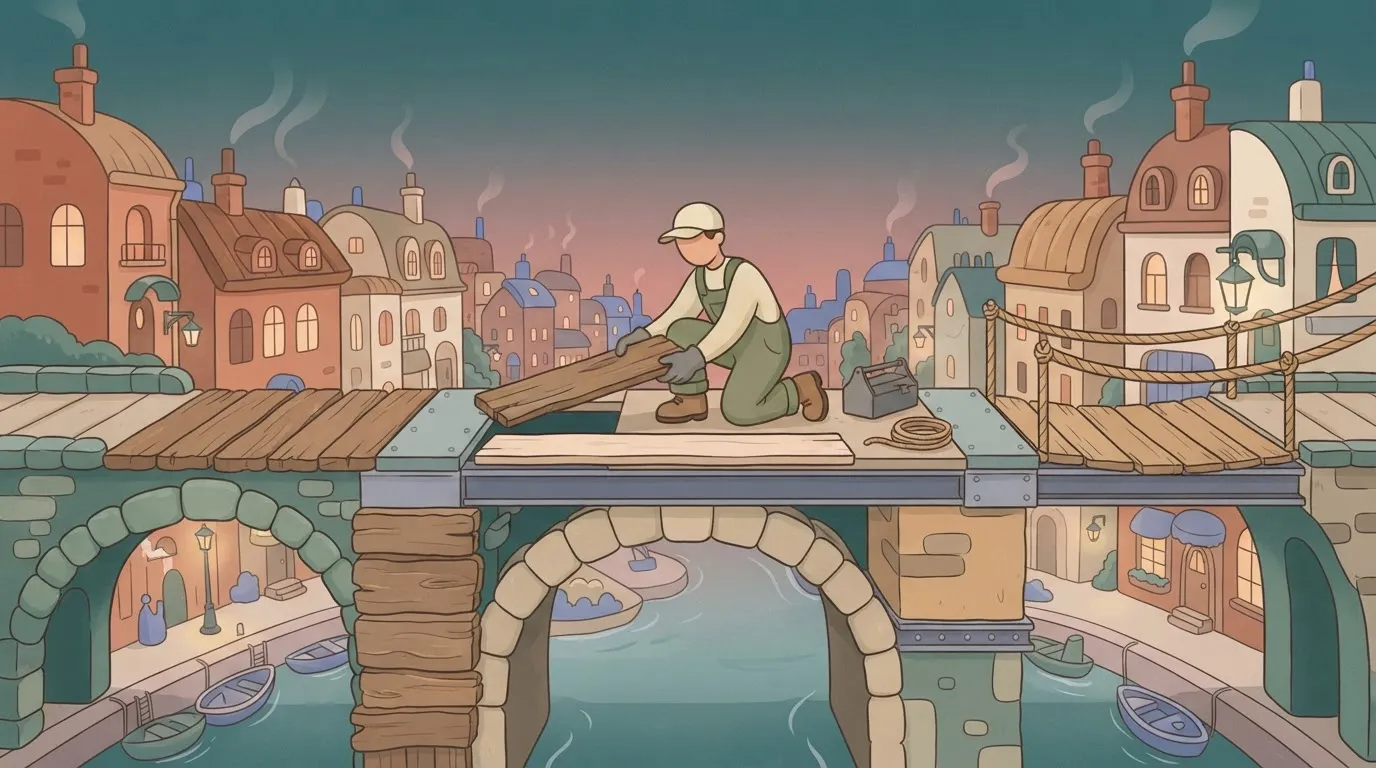 A bridge made of many different segments—stone, wood, steel, and rope—all fitted together.