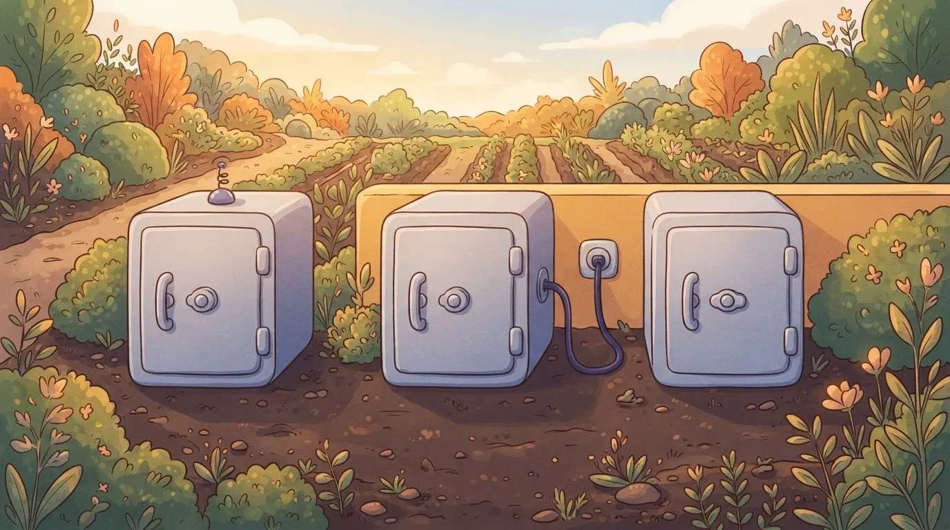 A row of three identical large industrial safe-deposit boxes.