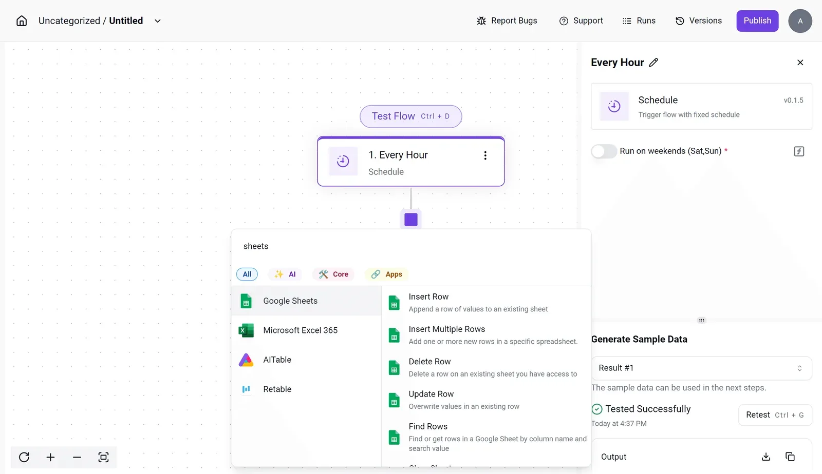 Activepieces flow builder with a scheduled workflow and integration selection panel open