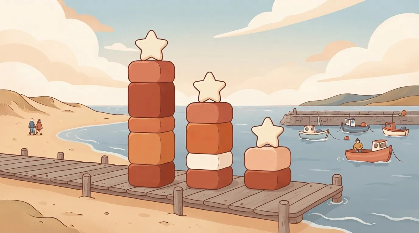 Three columns of different heights topped with stars