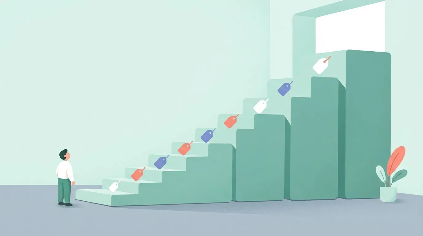 Staircase of ever larger steps with shrinking tags