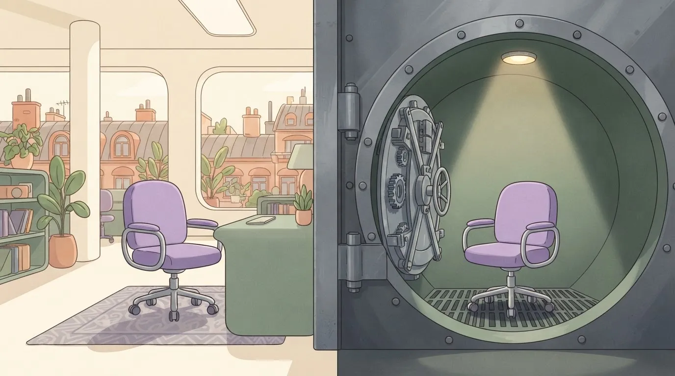 A row of identical, perfectly matched office chairs, where one is sitting in a sunlit open office and the other is inside a…