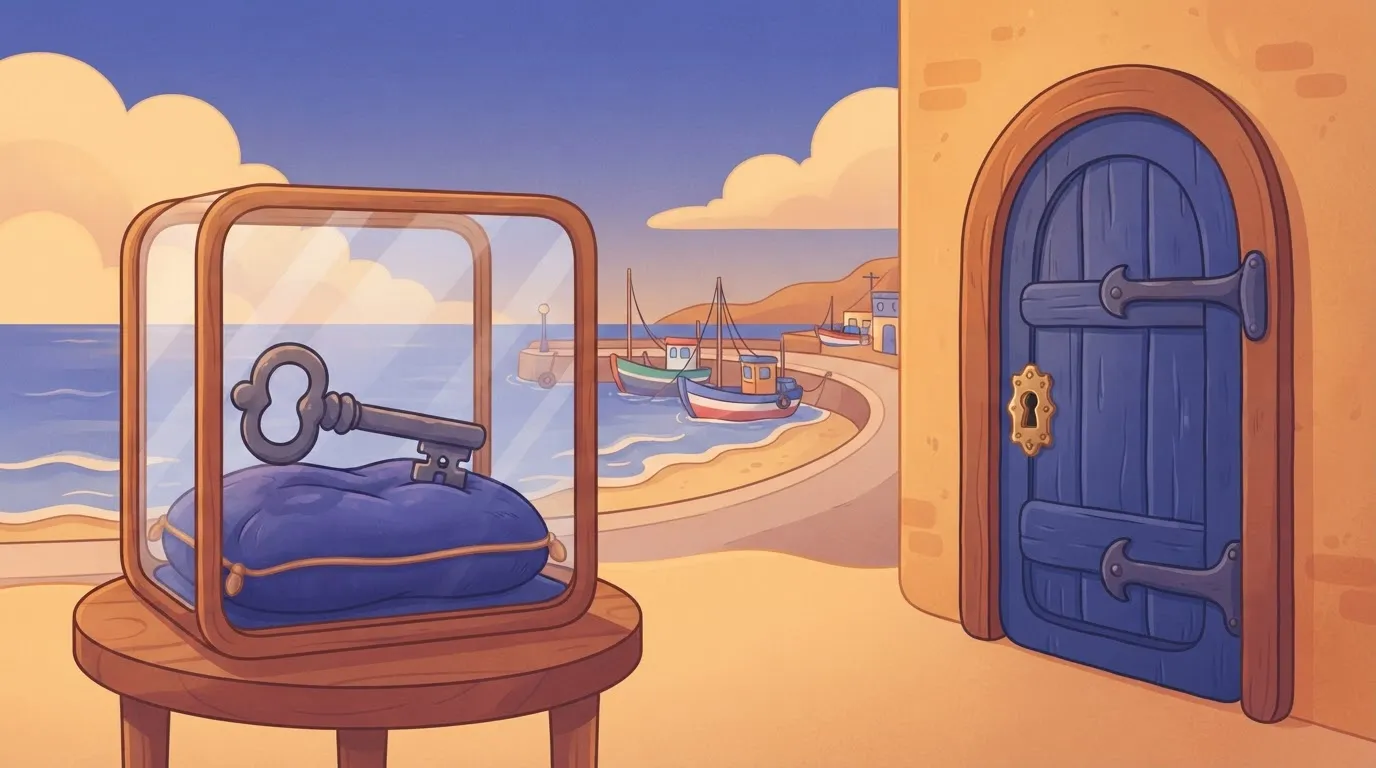 A large, heavy iron key resting on a velvet cushion inside a glass display case, but the keyhole on the nearby heavy door…