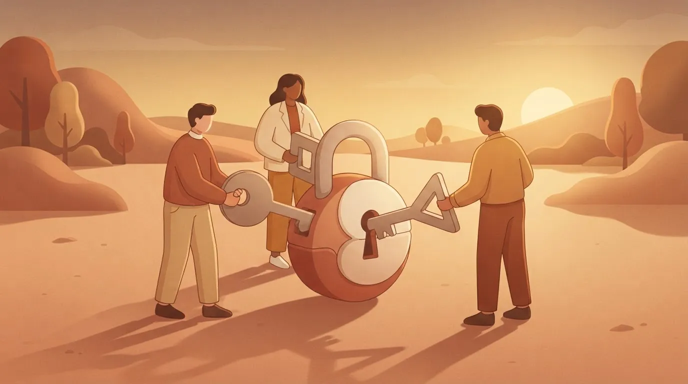 Three different people standing in a circle, each holding a different shaped key (round, square, triangular); all three…