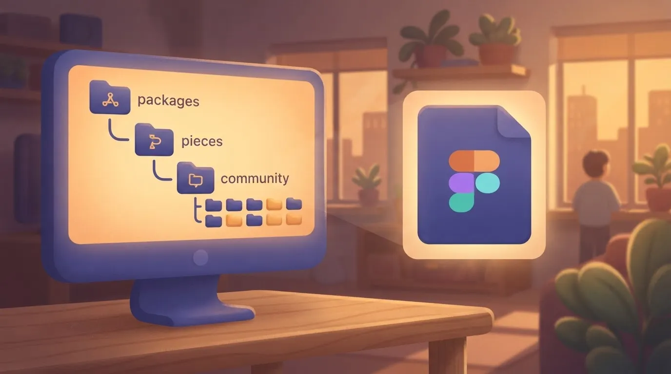 A folder tree on a monitor: packages, then pieces, then community, holding many small identical puzzle-piece files, with…