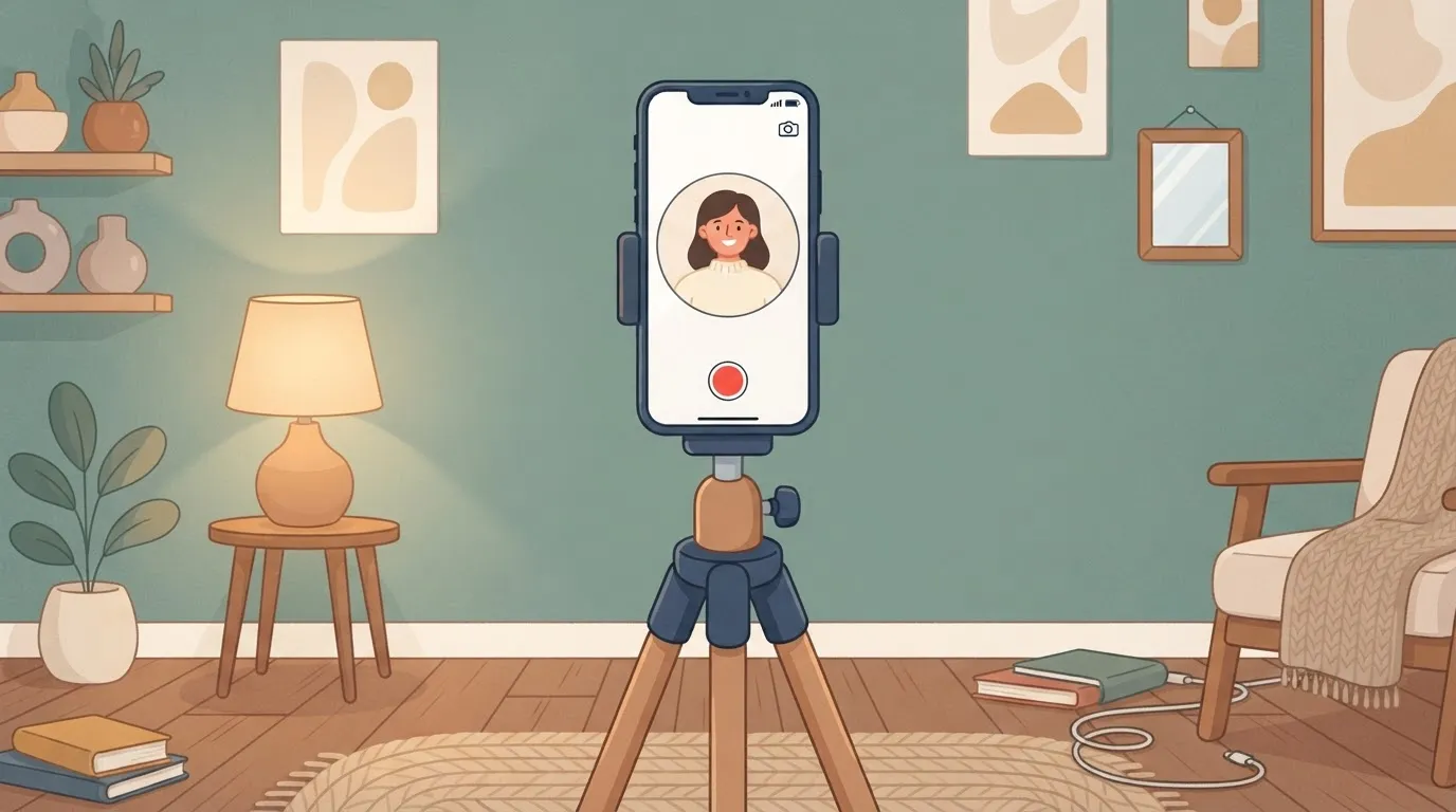 A smartphone on a tripod stand, with its screen displaying a recording interface showing the head and shoulders of a…