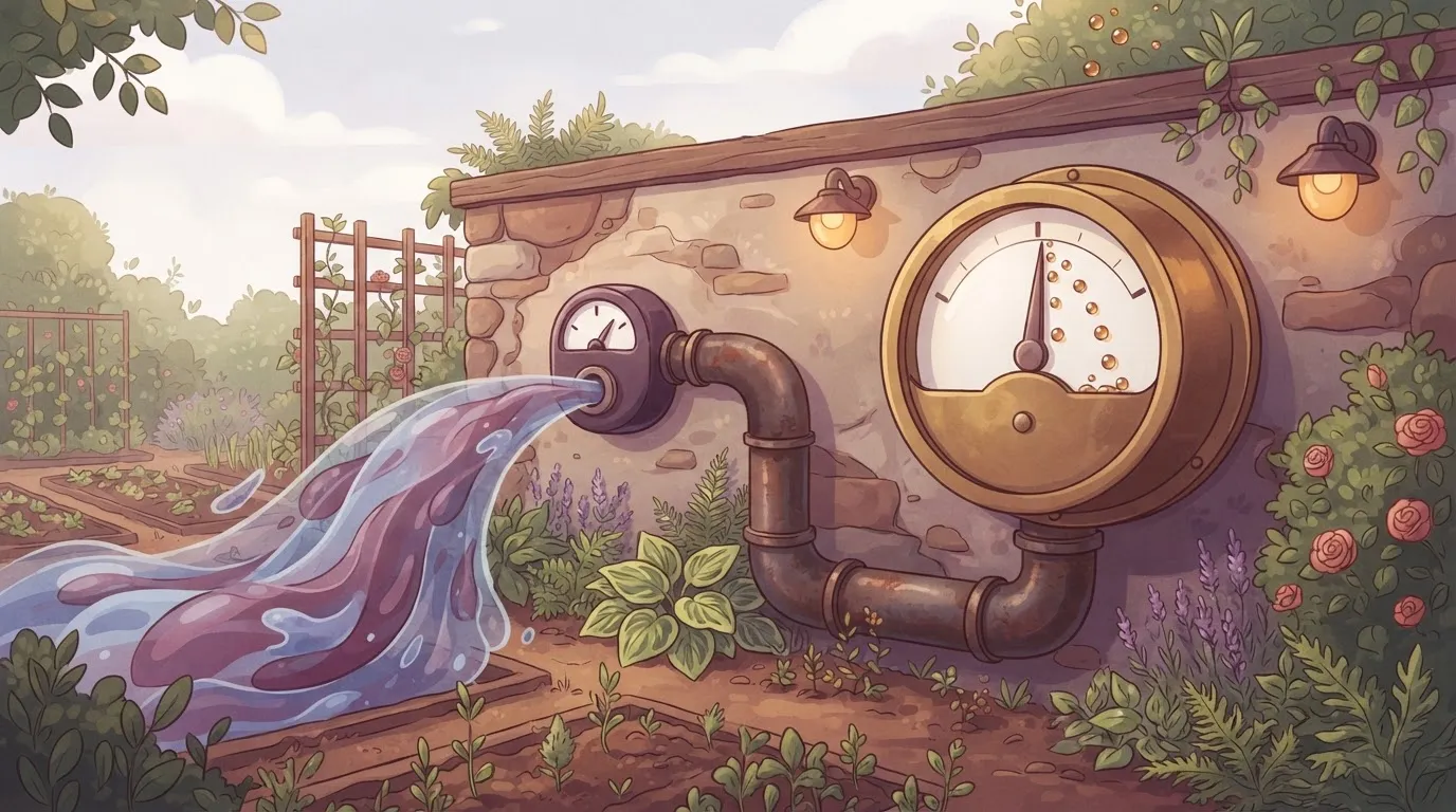Two meters on one pipe-fed wall: a small dial where a whole river passes as one gulp, and a huge dial with a fat needle…