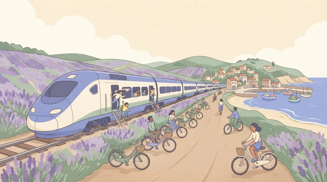 A sleek, high-speed train is stopped on the tracks.