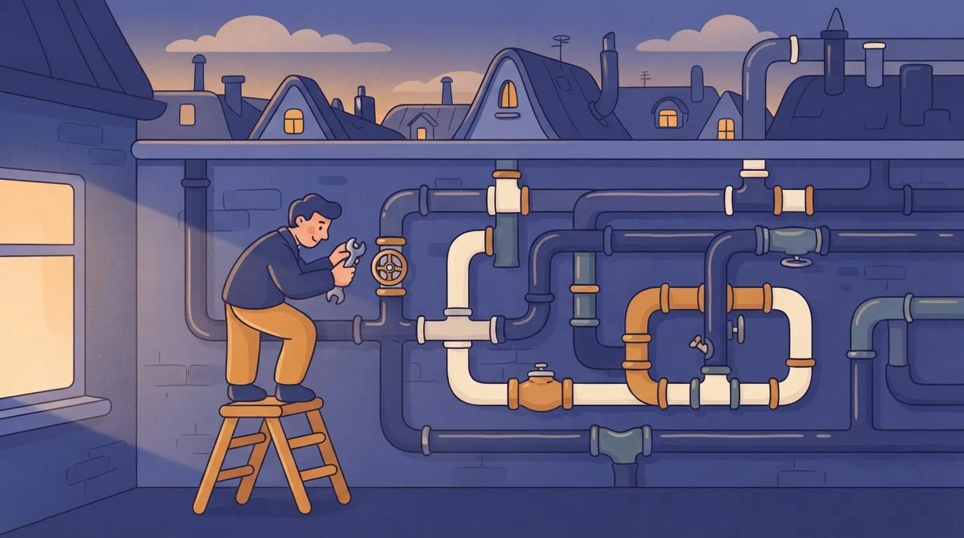 Person on stepladder inspecting one valve in a fully visible pipe network