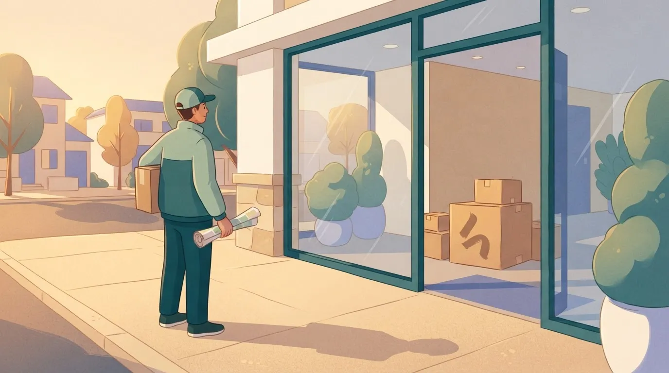Delivery person with parcel facing an address that is inside a box